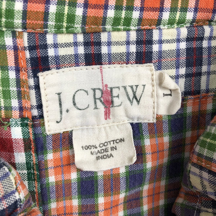 90'S J.Crew Patchwork Long-Sleeve Button-Down Check Shirt, Men's Size L (Equivalent), Vintage cotton orange type Vintage Second Hand