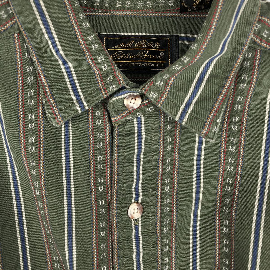 80s-90'S Eddie Bauer Multi-Striped Long-Sleeve Button-Down Striped Shirt, Men's Size M (Equivalent), Vintage cotton green type Vintage Second Hand