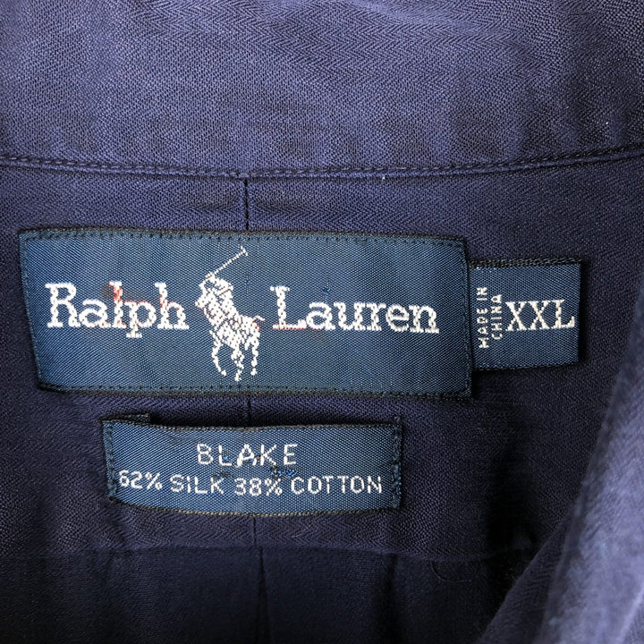 Ralph Lauren BLAKE Silk Long-Sleeve Button-Down Shirt, Men's Size XXL (approx.) cotton navy blue type Vintage Second Hand