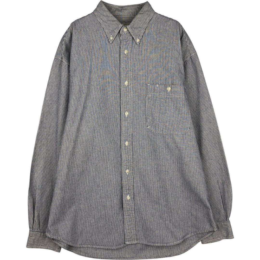 Eddie Bauer Hickory Stripe Long-Sleeve Button-Down Denim Shirt, Men's Size L (approx.) cotton navy blue type Vintage Second Hand