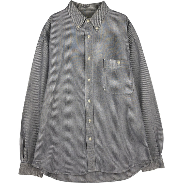 Eddie Bauer Hickory Stripe Long-Sleeve Button-Down Denim Shirt, Men's Size L (approx.) cotton navy blue type Vintage Second Hand