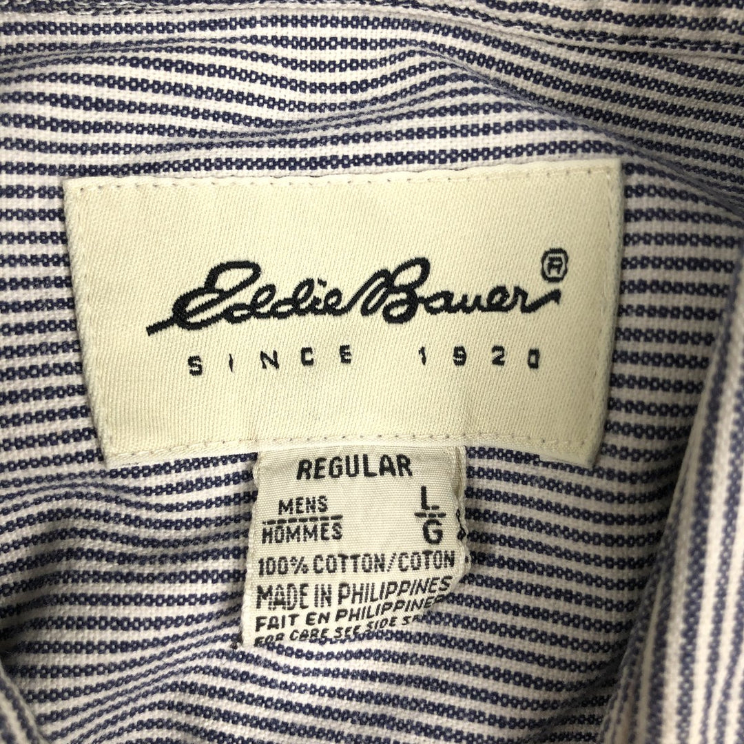 Eddie Bauer Hickory Stripe Long-Sleeve Button-Down Denim Shirt, Men's Size L (approx.) cotton navy blue type Vintage Second Hand