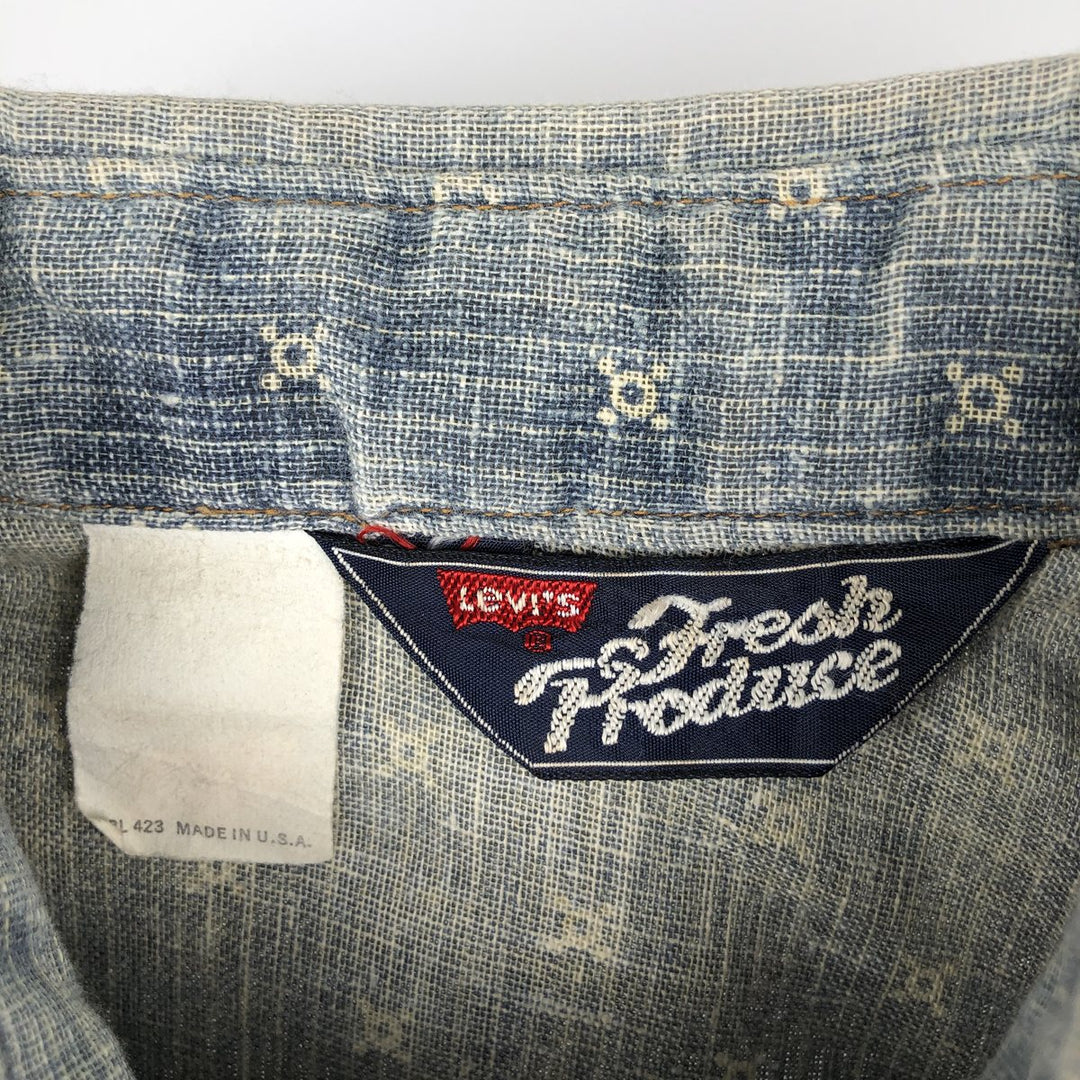Levi's Fresh Produce all-over print long-sleeve Western shirt, made in the USA, men's size M equivalent. unclear blue type Vintage Second Hand