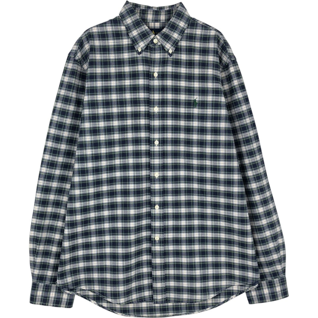 Ralph Lauren CUSTOM FIT long sleeve button down check shirt, men's size L cotton navy blue type Vintage Second Hand