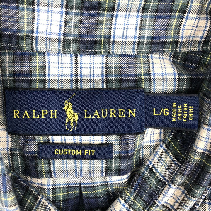 Ralph Lauren CUSTOM FIT long sleeve button down check shirt, men's size L cotton navy blue type Vintage Second Hand