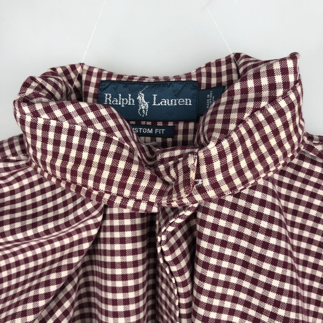 Ralph Lauren CUSTOM FIT Gingham Check Long Sleeve Button Down Check Shirt Men's L size cotton wine-red Vintage Second Hand