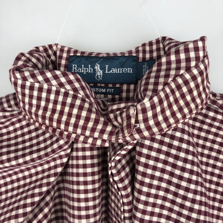 Ralph Lauren CUSTOM FIT Gingham Check Long Sleeve Button Down Check Shirt Men's L size cotton wine-red Vintage Second Hand