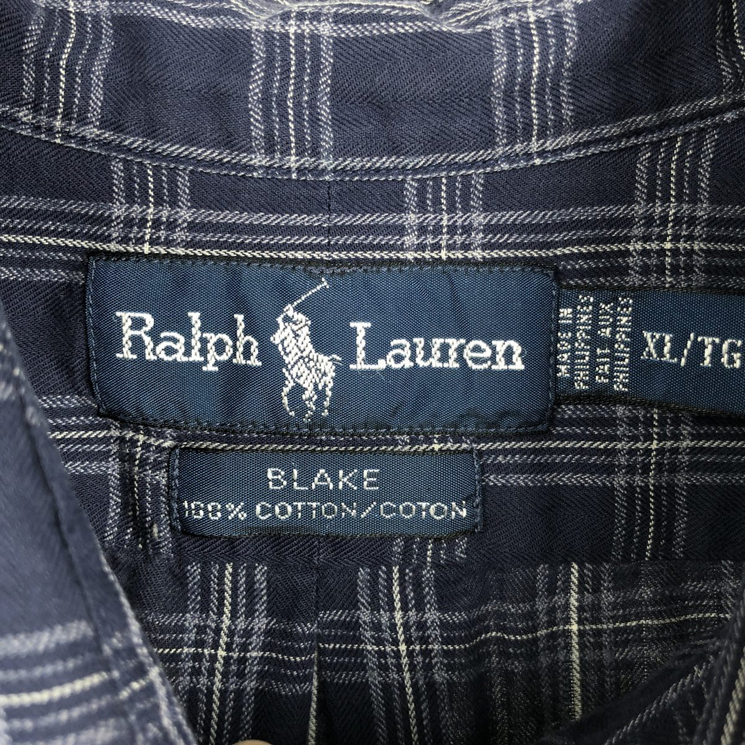 Ralph Lauren BLAKE long sleeve button down check shirt, men's XL size cotton navy blue type Vintage Second Hand