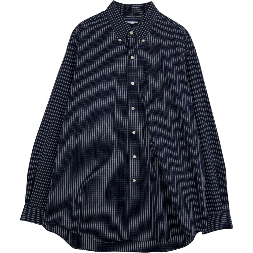 Ralph Lauren Golf Tilden long-sleeved button-down check shirt, men's size L cotton navy blue type Vintage Second Hand
