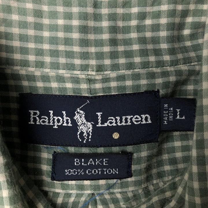 Ralph Lauren BLAKE Gingham Check Long Sleeve Button-Down Check Shirt, Men's Size L cotton Khaki type sage green Vintage Second Hand