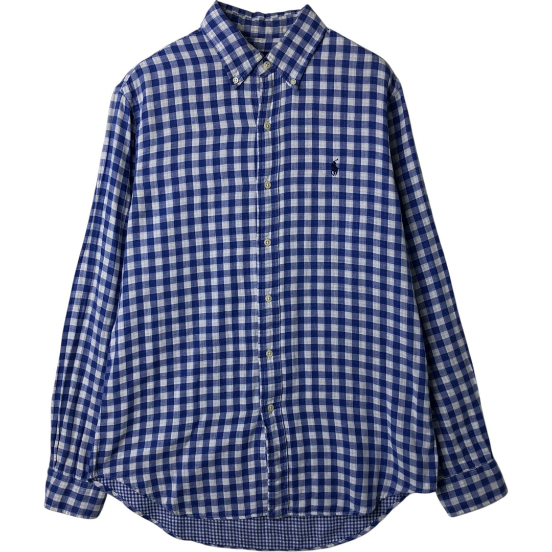 Ralph Lauren Gingham Check Long Sleeve Button-Down Check Shirt, Men's M Size cotton blue type Vintage Second Hand