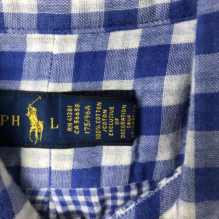 Ralph Lauren Gingham Check Long Sleeve Button-Down Check Shirt, Men's M Size cotton blue type Vintage Second Hand