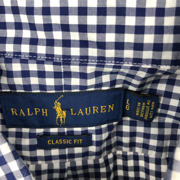 Ralph Lauren Classic Fit Gingham Check Long Sleeve Button Down Check Shirt Men's Size L cotton navy blue type Vintage Second Hand