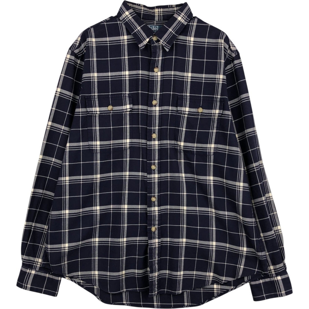 Ralph Lauren POLO by Ralph Lauren long sleeve cotton check shirt, men's XL size cotton navy blue type Vintage Second Hand