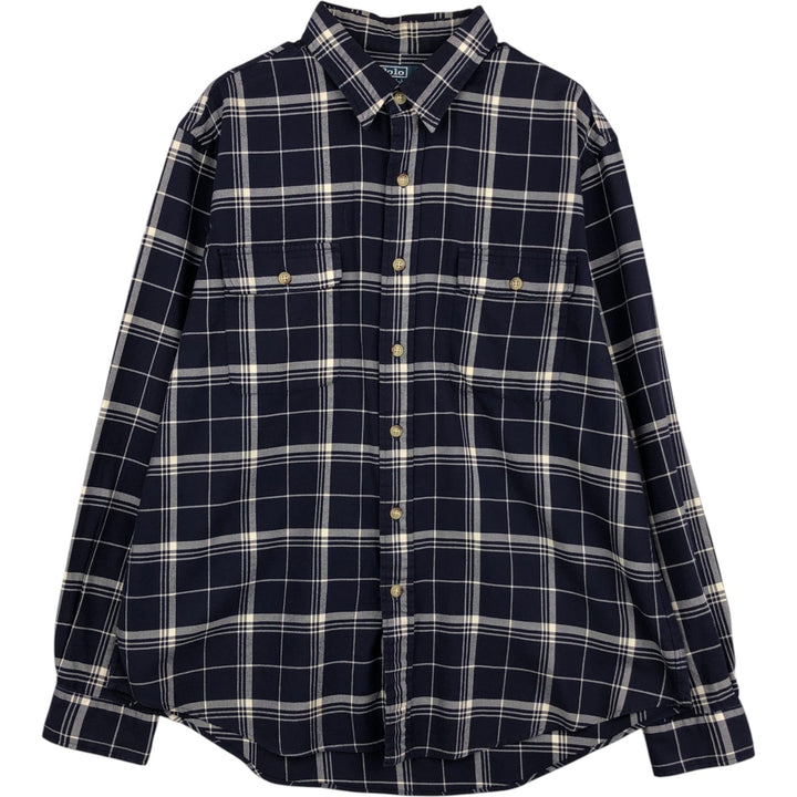 Ralph Lauren POLO by Ralph Lauren long sleeve cotton check shirt, men's XL size cotton navy blue type Vintage Second Hand