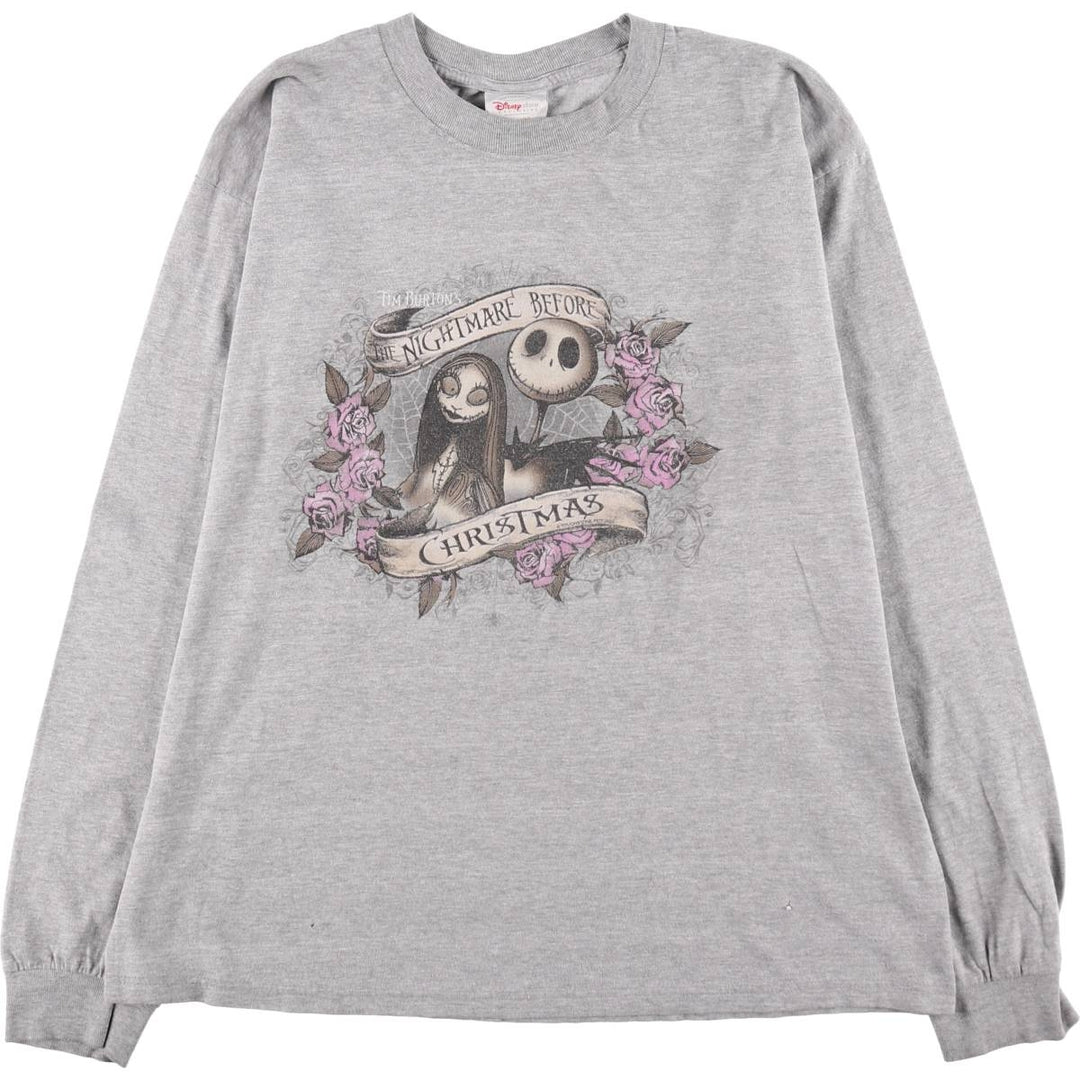 Disney Store Nightmare Before Christmas Skull Pattern Character Print Long-Sleeve T-Shirt (Men's Size L) cotton gray type Vintage Second Hand