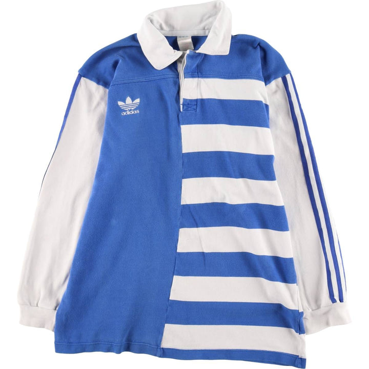 80s-90'S Adidas Trefoil Logo Crazy Pattern Long-Sleeve Rugby Shirt, Men's Size L (Equivalent), Vintage cotton blue type Vintage Second Hand