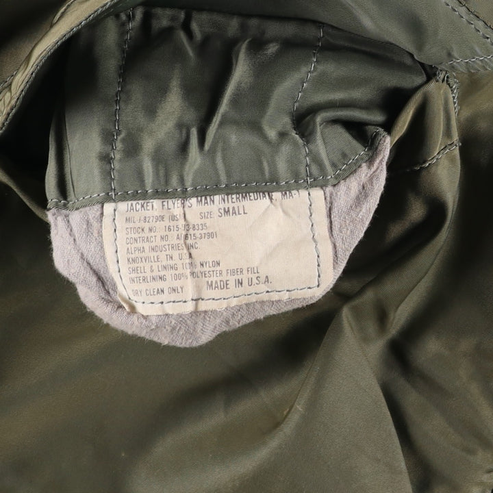 Civilian-made Alpha Industries MA-1 type padded military flight jacket, made in the USA, men's size S equivalent, vintage. Nylon Khaki type Vintage Second Hand
