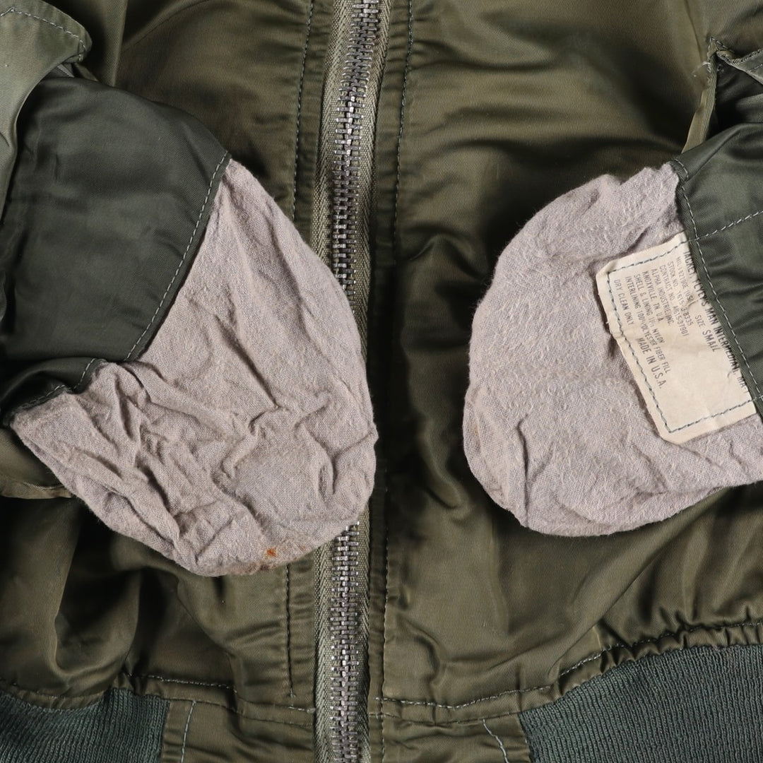 Civilian-made Alpha Industries MA-1 type padded military flight jacket, made in the USA, men's size S equivalent, vintage. Nylon Khaki type Vintage Second Hand