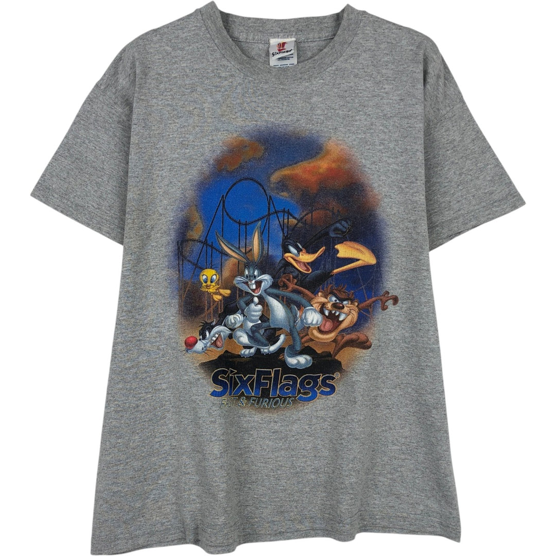 SixFlags LOONEY TUNES Character Print T-Shirt (Women's Size XL) cotton gray type Vintage Second Hand