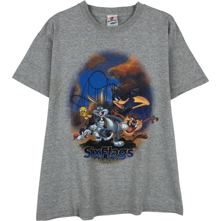 SixFlags LOONEY TUNES Character Print T-Shirt (Women's Size XL) cotton gray type Vintage Second Hand