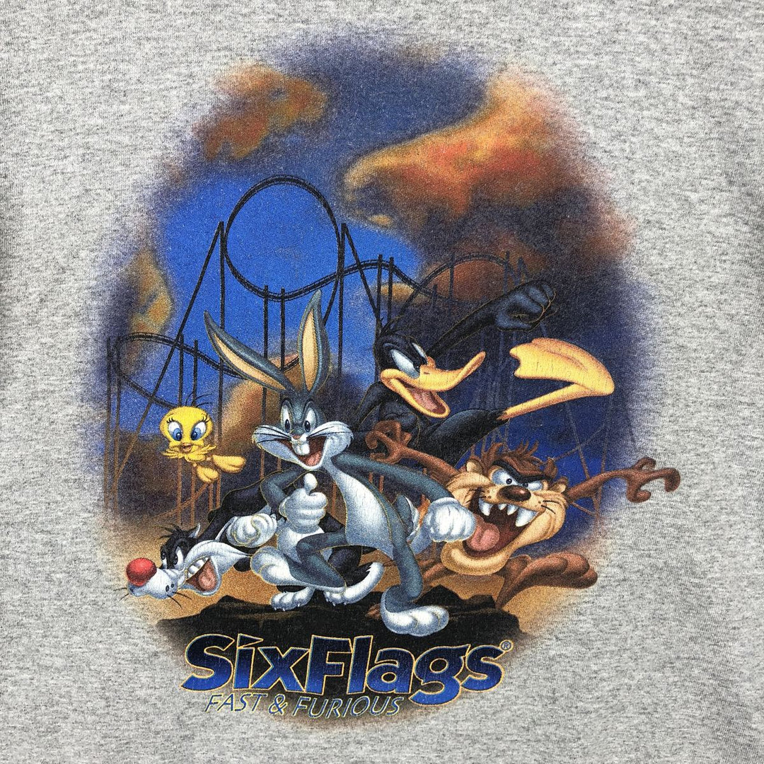 SixFlags LOONEY TUNES Character Print T-Shirt (Women's Size XL) cotton gray type Vintage Second Hand