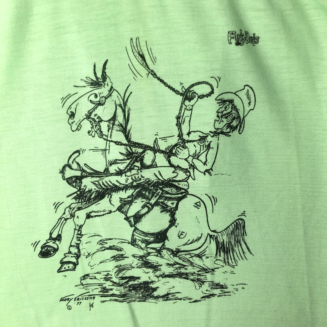 70'S SPRUCE Print T-Shirt, Made in USA, Men's Size S (Equivalent), Vintage polyester Mint green Vintage Second Hand