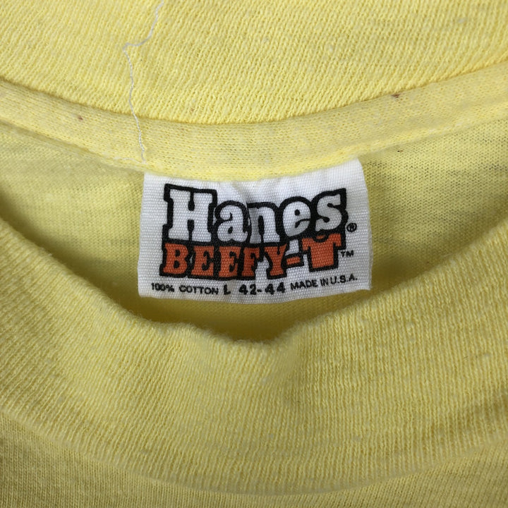 80'S Hanes BEEFY-T Orange Tag Back Print T-Shirt Made in USA Men's Size L (Equivalent) Vintage cotton yellow type Vintage Second Hand
