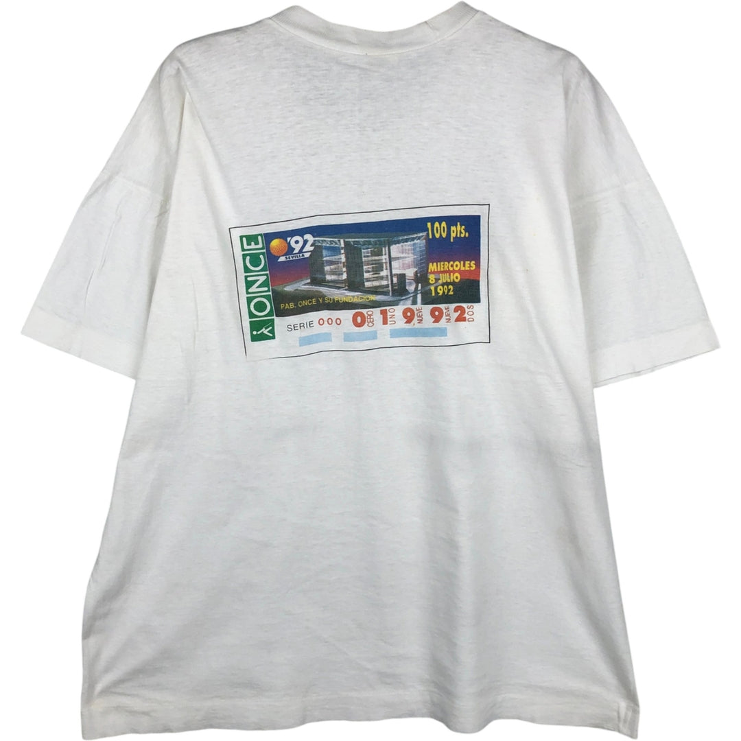1990'S Seville World Expo Spanish Association for the Blind ONCE Print T-Shirt Women's Size L (approx.) Vintage unclear white type Vintage Second Hand