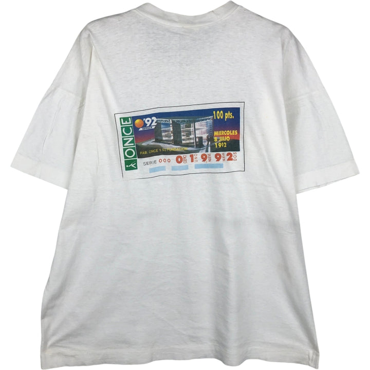 1990'S Seville World Expo Spanish Association for the Blind ONCE Print T-Shirt Women's Size L (approx.) Vintage unclear white type Vintage Second Hand