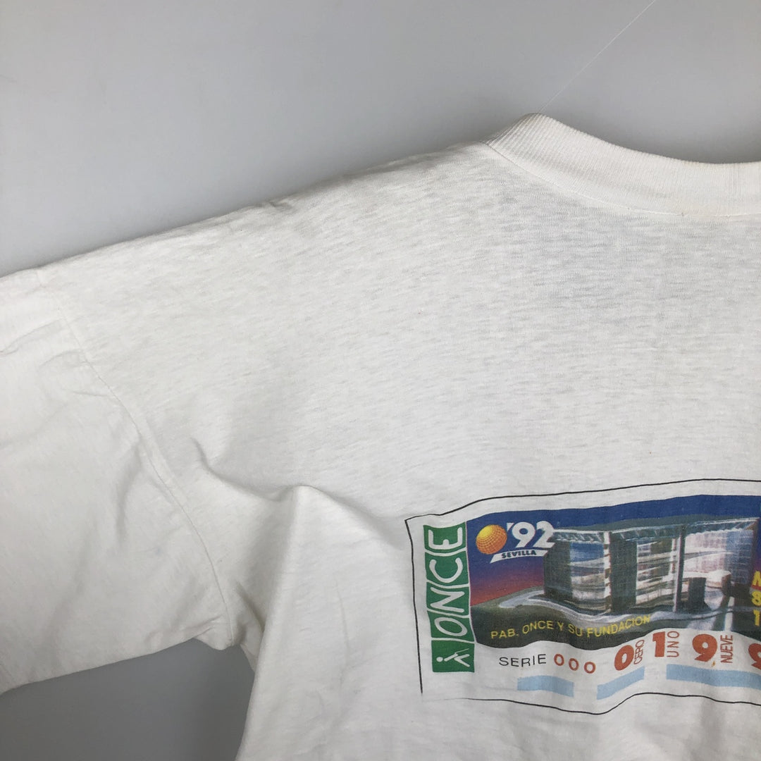 1990'S Seville World Expo Spanish Association for the Blind ONCE Print T-Shirt Women's Size L (approx.) Vintage unclear white type Vintage Second Hand