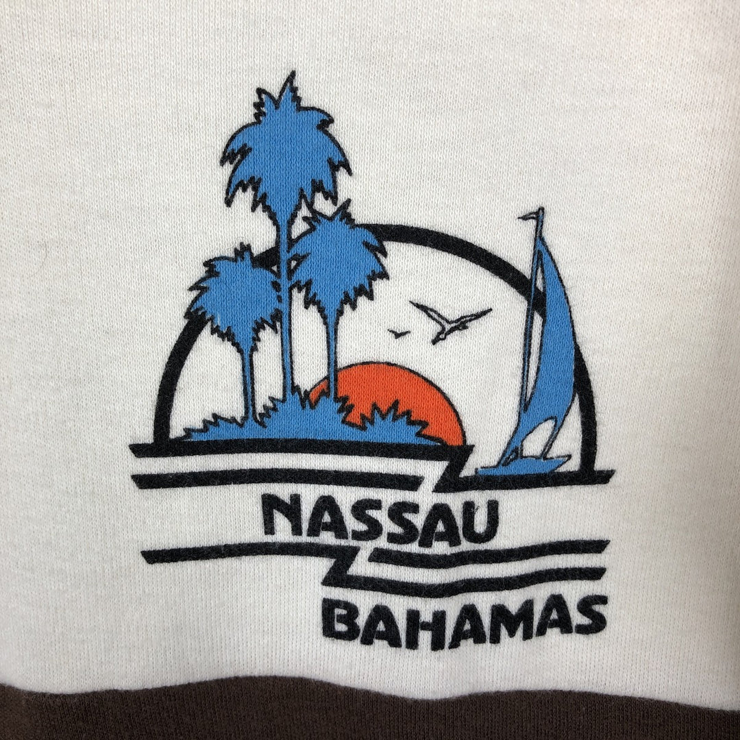 V-neck printed t-shirt, made in USA, women's size M equivalent, vintage. polyester ivory Vintage Second Hand