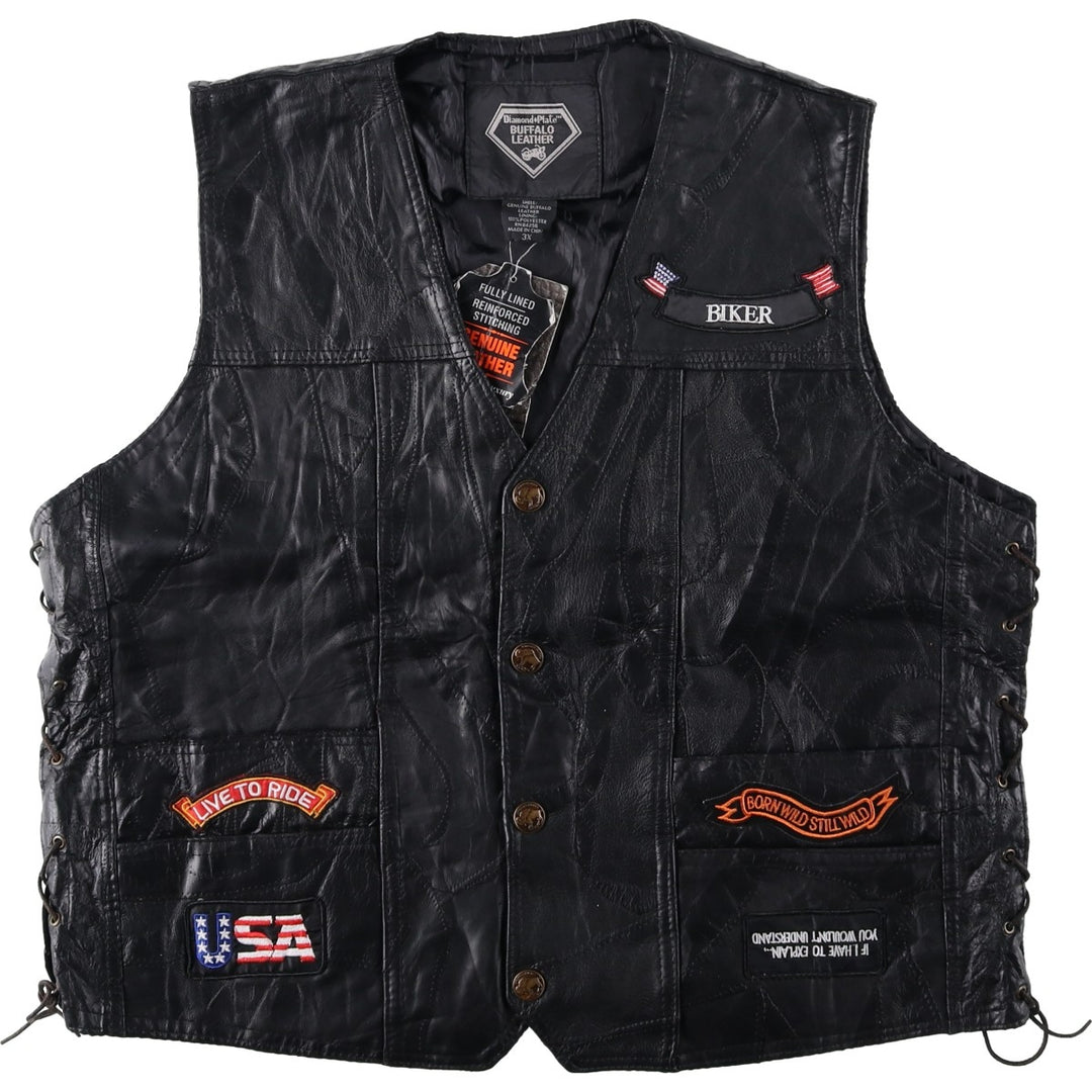 Deadstock Big Size Diamond Plate Buffalo Leather Vest with Stars and Stripes/Eagle Pattern, Lace-up, Men's XXXL Equivalent genuine leather black type Vintage Second Hand