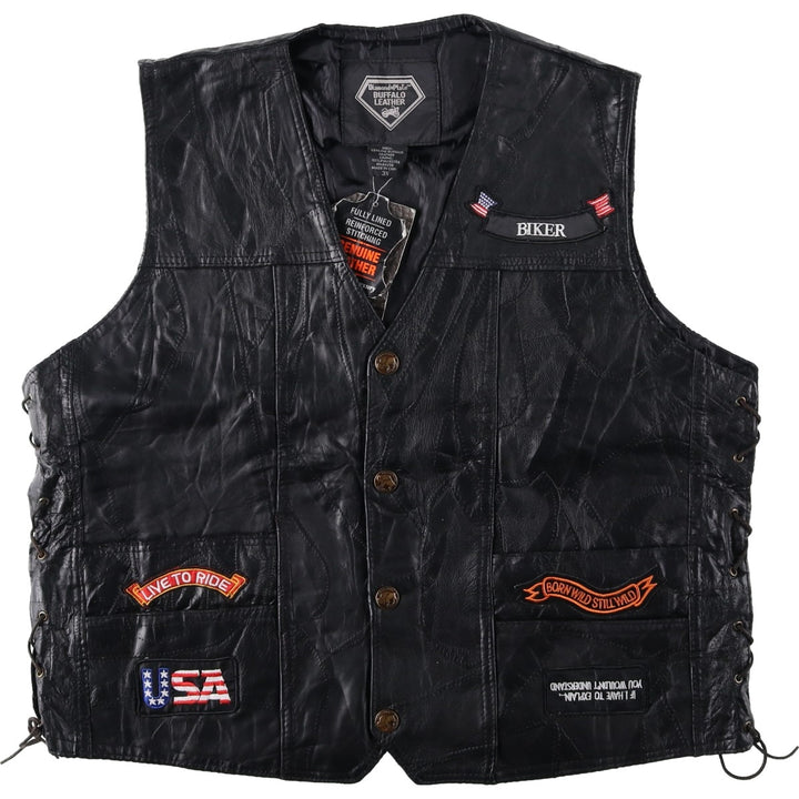 Deadstock Big Size Diamond Plate Buffalo Leather Vest with Stars and Stripes/Eagle Pattern, Lace-up, Men's XXXL Equivalent genuine leather black type Vintage Second Hand