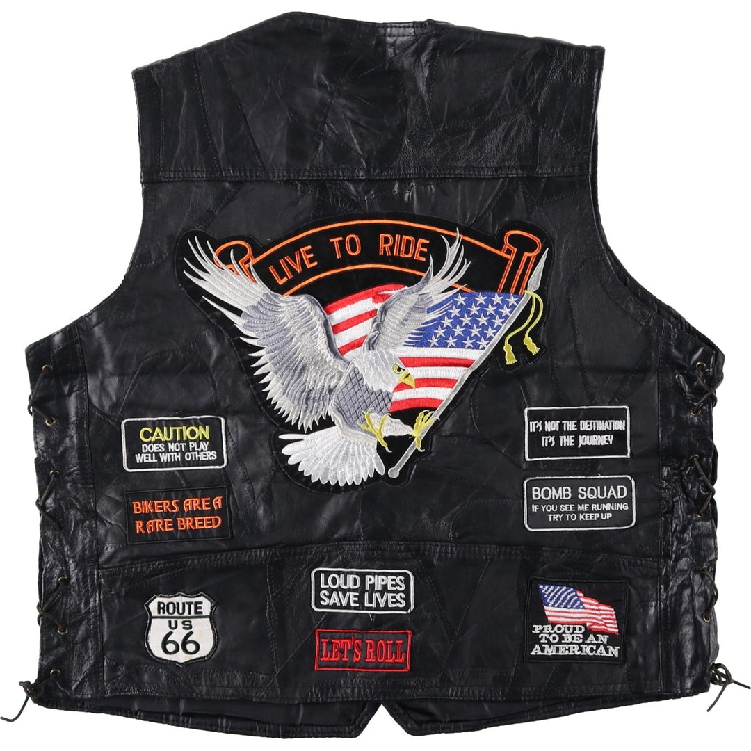 Deadstock Big Size Diamond Plate Buffalo Leather Vest with Stars and Stripes/Eagle Pattern, Lace-up, Men's XXXL Equivalent genuine leather black type Vintage Second Hand
