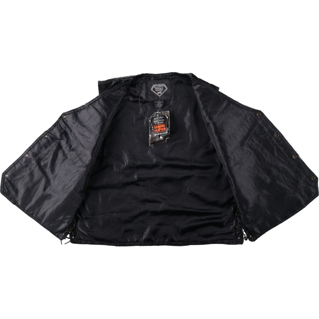 Deadstock Big Size Diamond Plate Buffalo Leather Vest with Stars and Stripes/Eagle Pattern, Lace-up, Men's XXXL Equivalent genuine leather black type Vintage Second Hand