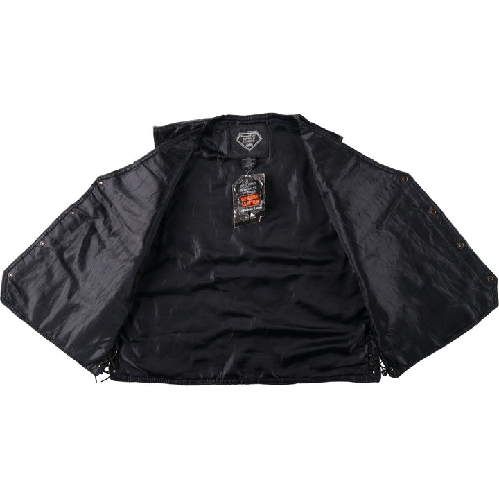 Deadstock Big Size Diamond Plate Buffalo Leather Vest with Stars and Stripes/Eagle Pattern, Lace-up, Men's XXXL Equivalent genuine leather black type Vintage Second Hand