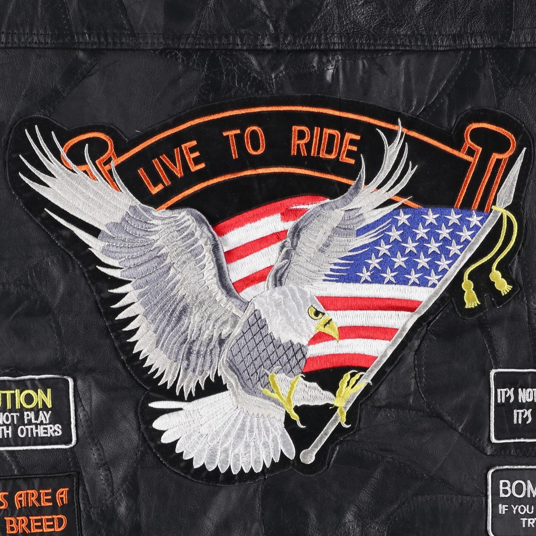 Deadstock Big Size Diamond Plate Buffalo Leather Vest with Stars and Stripes/Eagle Pattern, Lace-up, Men's XXXL Equivalent genuine leather black type Vintage Second Hand