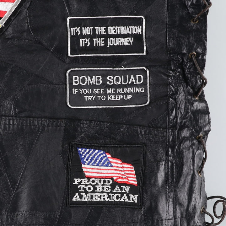 Deadstock Big Size Diamond Plate Buffalo Leather Vest with Stars and Stripes/Eagle Pattern, Lace-up, Men's XXXL Equivalent genuine leather black type Vintage Second Hand