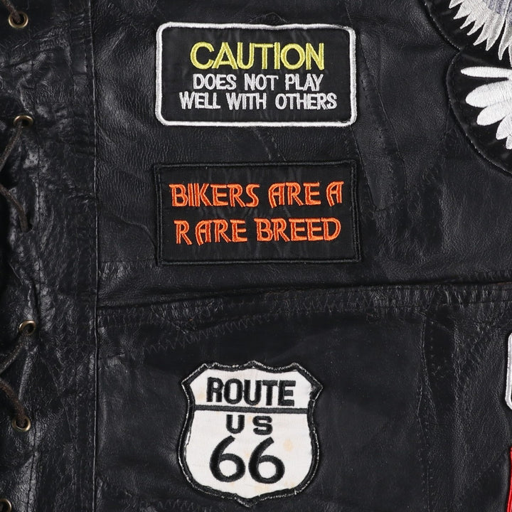 Deadstock Big Size Diamond Plate Buffalo Leather Vest with Stars and Stripes/Eagle Pattern, Lace-up, Men's XXXL Equivalent genuine leather black type Vintage Second Hand