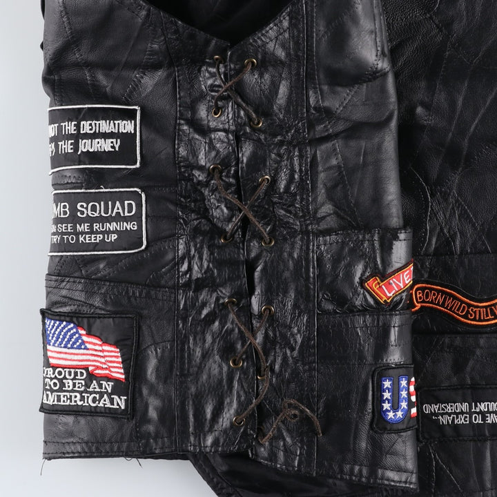 Deadstock Big Size Diamond Plate Buffalo Leather Vest with Stars and Stripes/Eagle Pattern, Lace-up, Men's XXXL Equivalent genuine leather black type Vintage Second Hand