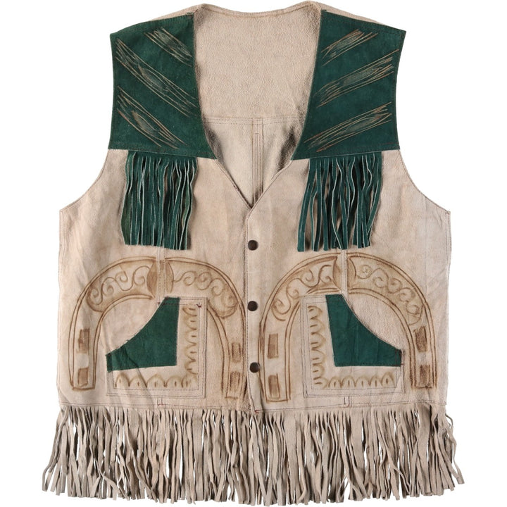 All-over print, fringed suede leather vest, Western style, men's size XL equivalent. unclear Beige type Vintage Second Hand