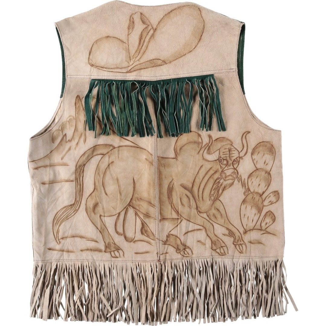 All-over print, fringed suede leather vest, Western style, men's size XL equivalent. unclear Beige type Vintage Second Hand