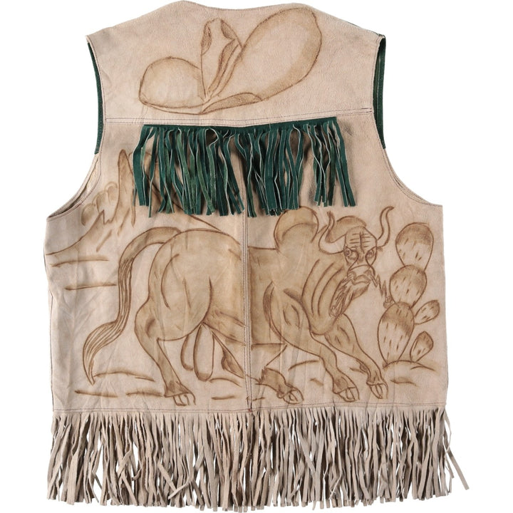 All-over print, fringed suede leather vest, Western style, men's size XL equivalent. unclear Beige type Vintage Second Hand