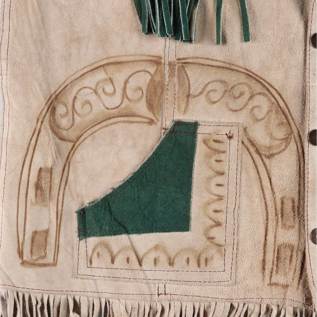 All-over print, fringed suede leather vest, Western style, men's size XL equivalent. unclear Beige type Vintage Second Hand