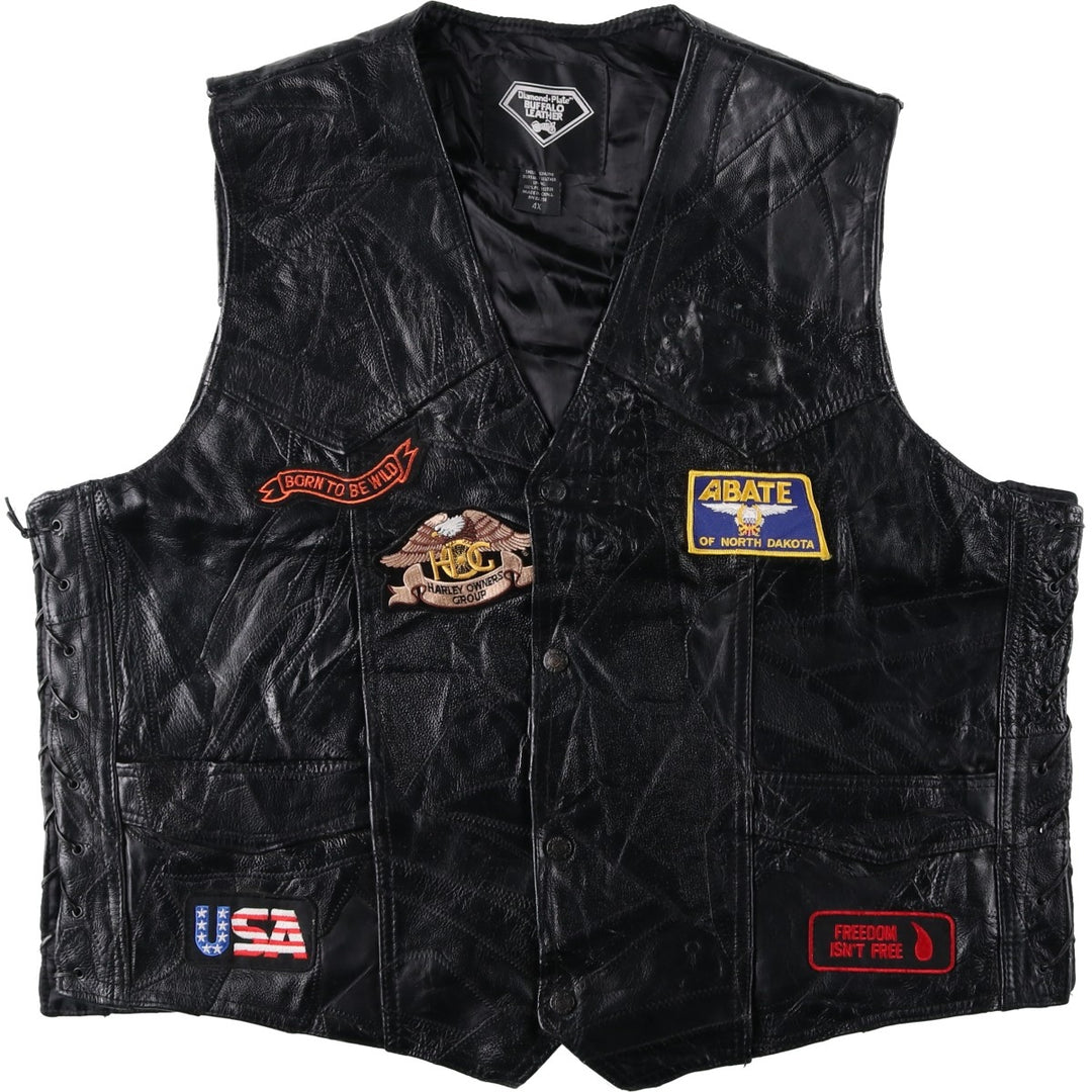 Big Size Diamond Plate Buffalo Leather Vest with Stars and Stripes/Eagle Pattern, Lace-Up, Men's XXXXL Equivalent genuine leather black type Vintage Second Hand