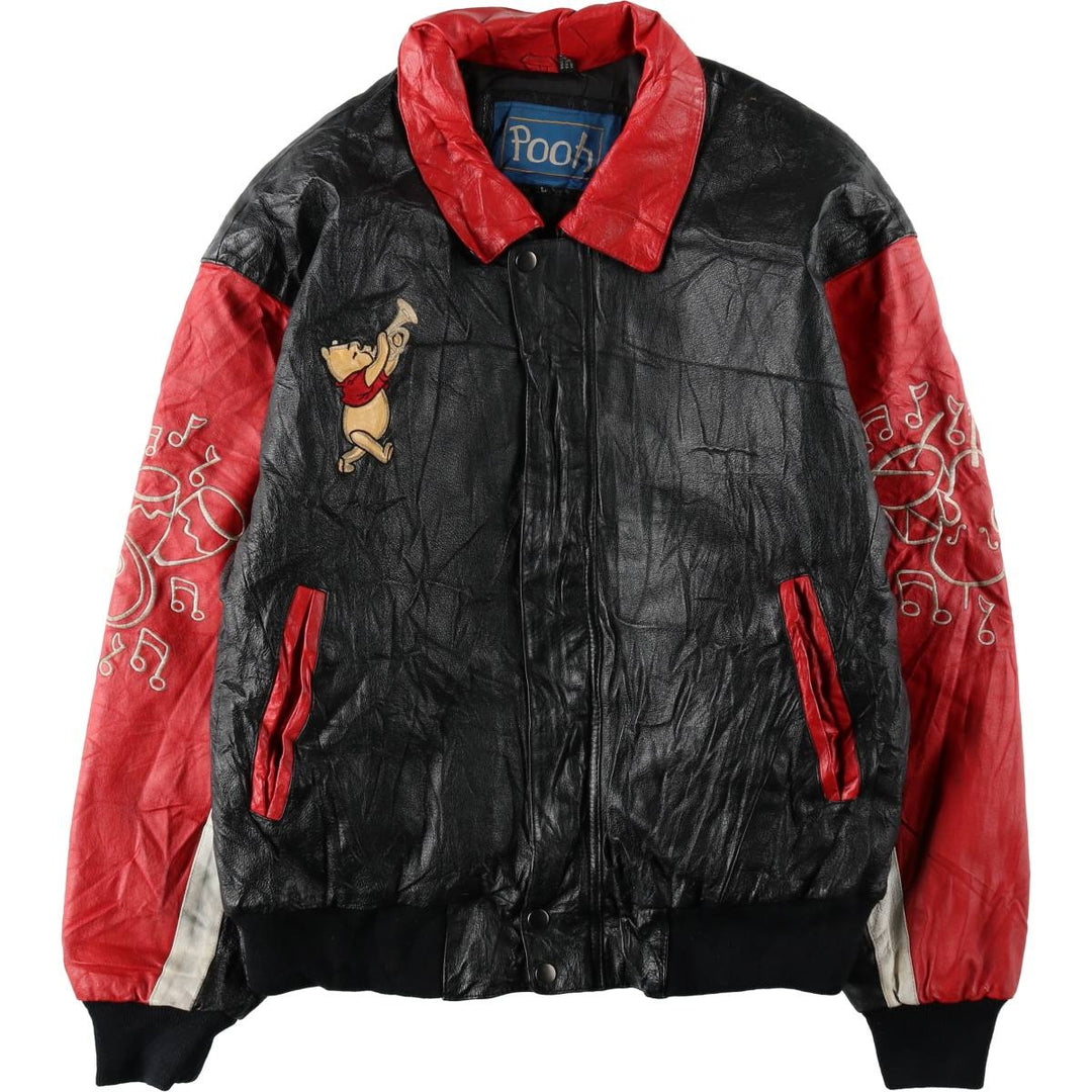 POOH (Winnie the Pooh) Padded Collared Leather Blouson, Men's Size L (Equivalent), Vintage genuine leather red type Vintage Second Hand