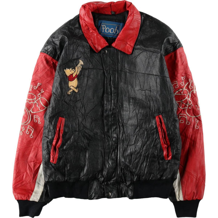 POOH (Winnie the Pooh) Padded Collared Leather Blouson, Men's Size L (Equivalent), Vintage genuine leather red type Vintage Second Hand