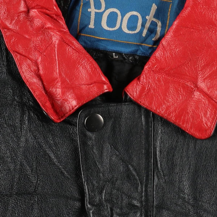 POOH (Winnie the Pooh) Padded Collared Leather Blouson, Men's Size L (Equivalent), Vintage genuine leather red type Vintage Second Hand