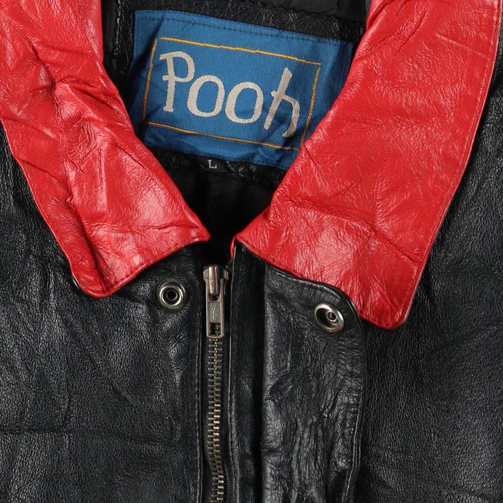 POOH (Winnie the Pooh) Padded Collared Leather Blouson, Men's Size L (Equivalent), Vintage genuine leather red type Vintage Second Hand